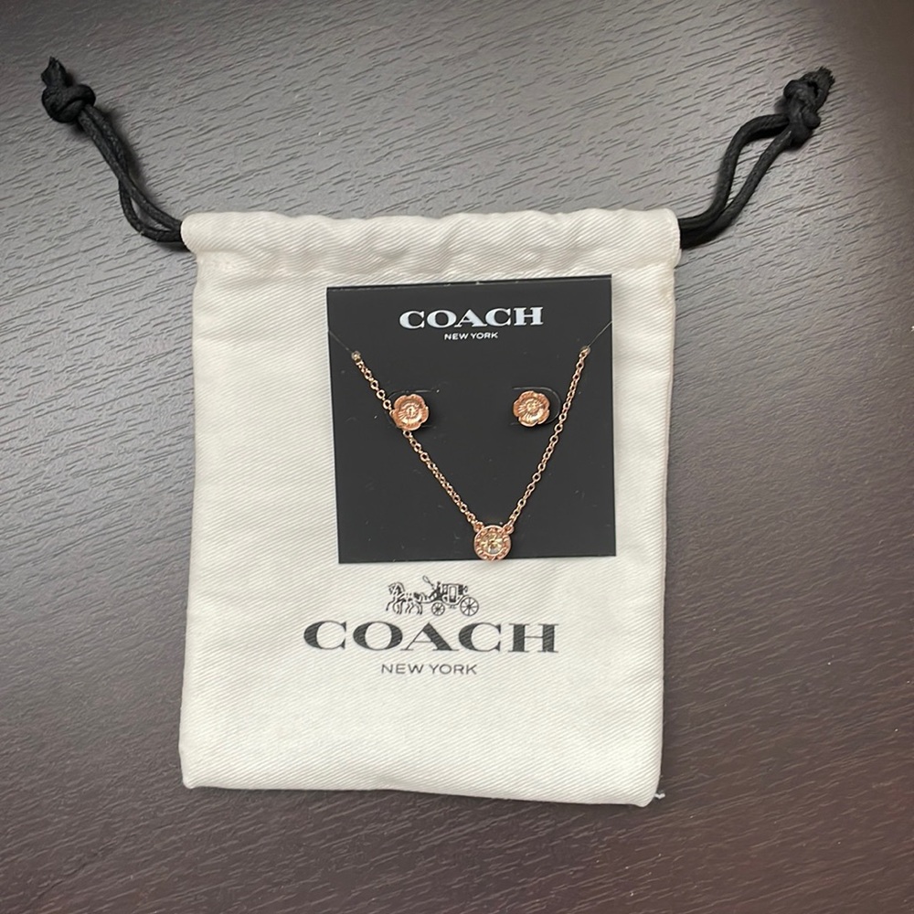 Coach adjustable rose gold necklace and earring set